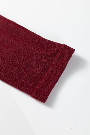 Women’s Wine Red Long Sleeve Ribbed Knit Mini Dress with Frilled Neck