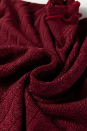 Women’s Wine Red Long Sleeve Ribbed Knit Mini Dress with Frilled Neck