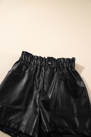 Black Faux Leather Paper Bag Waist High Rise Shorts