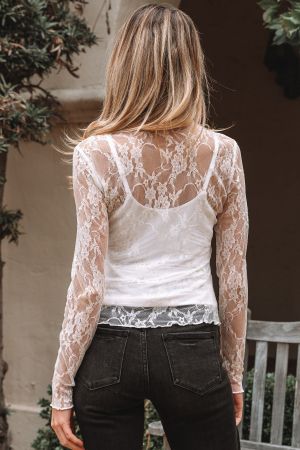 Women's White Sheer Lace Mock Neck Long Sleeve Top