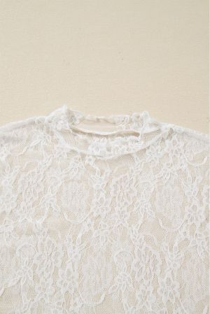 Women's White Sheer Lace Mock Neck Long Sleeve Top
