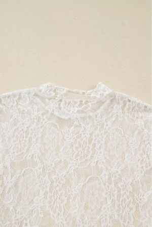 Women's White Sheer Lace Mock Neck Long Sleeve Top