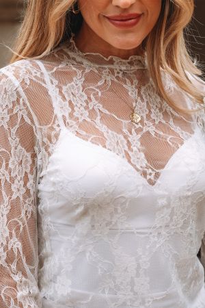 Women's White Sheer Lace Mock Neck Long Sleeve Top