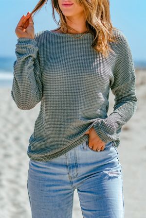 Women’s Green Waffle Knit Long Sleeve Top
