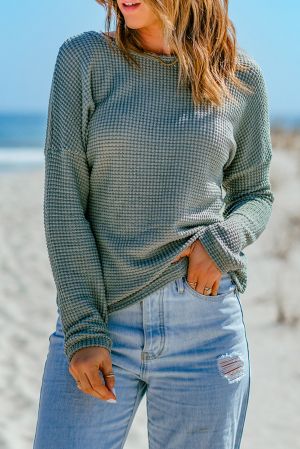 Women’s Green Waffle Knit Long Sleeve Top