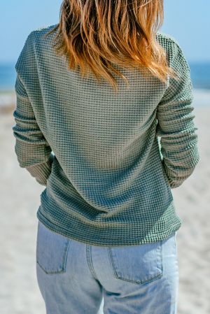 Women’s Green Waffle Knit Long Sleeve Top
