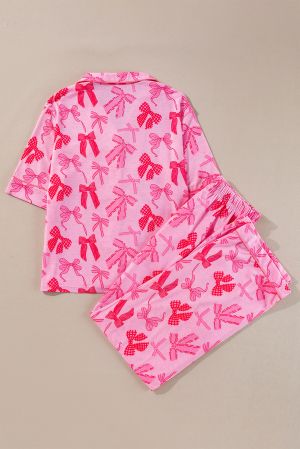 Pink Bow Knot Print Lapel Collar Short Sleeve and Pants Pajamas Set