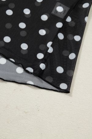 Дамска черна мрежеста блуза с дълъг ръкав и принт на точки