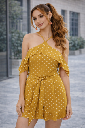 Women’s Polka Dot Romper with Belt in Mustard Color
