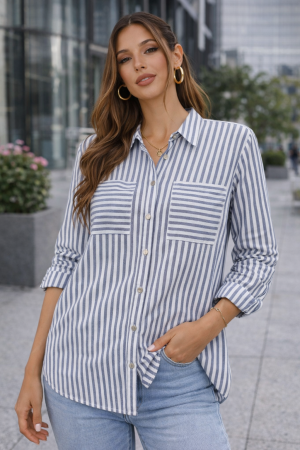 Striped Pocketed Buttons Long Sleeve Shirt