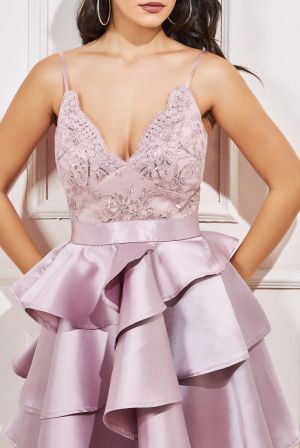 Women's Blush Mini Dress with Lace Bodice and Layered Skirt GODDIVA