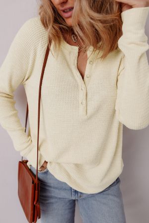 Women's Soft Light Beige Long Sleeve Blouse with Buttons