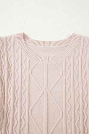 front detail of beige cable knit women’s sweater