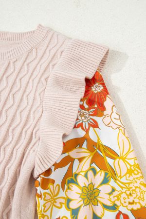 ruffle shoulder detail with floral sleeve on beige sweater