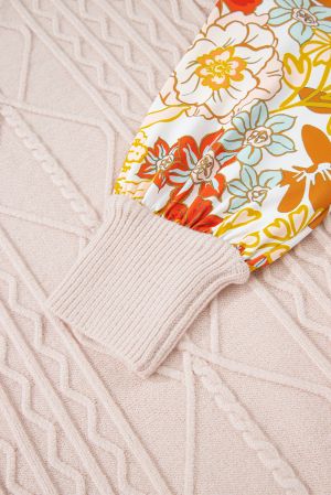 colorful floral sleeve print detail on beige knit sweater
