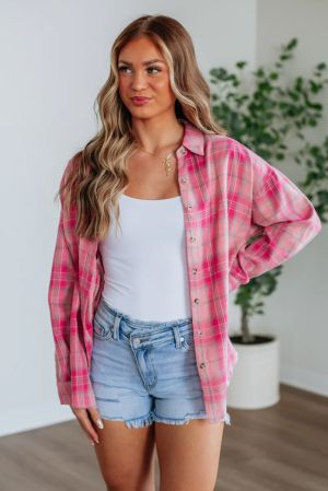 Women’s Pink Plaid Shirt with Pockets