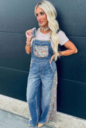 Women’s Denim Wide Leg Overalls with Floral Print