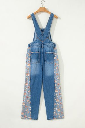 Дамски дънков гащеризон с широк крачол и флорален принт