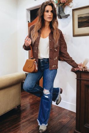 Women’s Brown Corduroy Jacket with Floral Embroidery