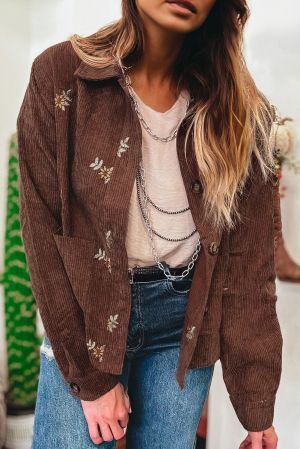 Women’s Brown Corduroy Jacket with Floral Embroidery