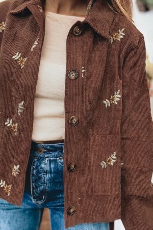 Women’s Brown Corduroy Jacket with Floral Embroidery