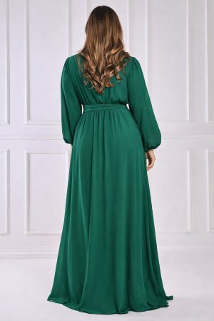 Дамска дълга елегантна рокля GODDIVA в зелено с цепка и V-образно деколте