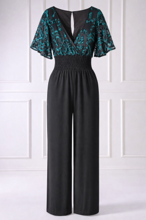 Women's Elegant Black Jumpsuit with Green Embroidery