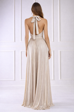 Дамска дълга елегантна рокля GODDIVA в бежово, с отворен гръб