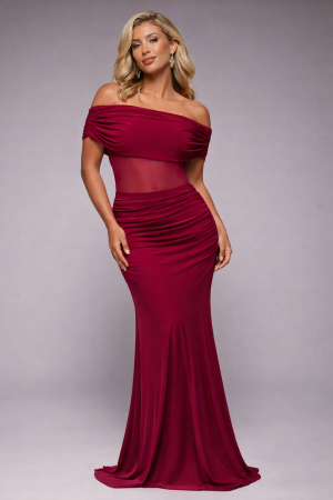 Women's Elegant Burgundy Off-Shoulder Maxi Dress with Body-Shaping Fit by GODDIVA