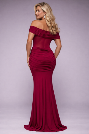 Women's Elegant Burgundy Off-Shoulder Maxi Dress with Body-Shaping Fit by GODDIVA