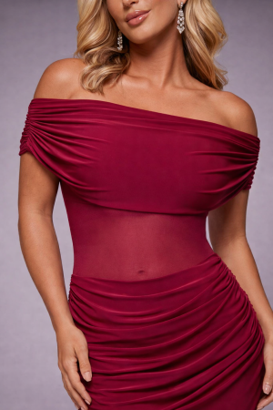 Women's Elegant Burgundy Off-Shoulder Maxi Dress with Body-Shaping Fit by GODDIVA