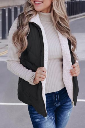 Women’s Reversible Vest with Quilted and Sherpa Sides in Black and White