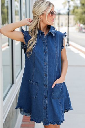 Women's Dark Blue Sleeveless Denim Dress with Buttons and Ruffle Details