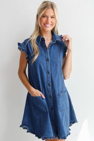 Women's Dark Blue Sleeveless Denim Dress with Buttons and Ruffle Details