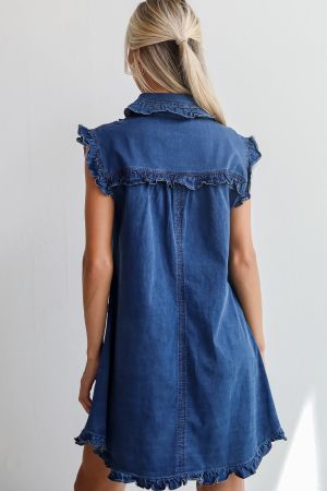 Women's Dark Blue Sleeveless Denim Dress with Buttons and Ruffle Details