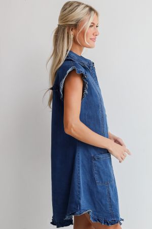 Women's Dark Blue Sleeveless Denim Dress with Buttons and Ruffle Details