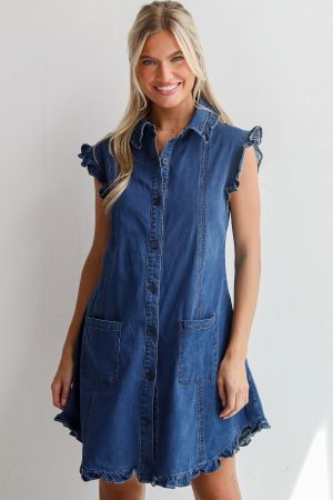 Women's Dark Blue Sleeveless Denim Dress with Buttons and Ruffle Details
