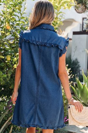 Women's Dark Blue Sleeveless Denim Dress with Buttons and Ruffle Details