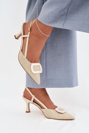Women's Beige Heeled Shoes with Pointed Toe and Strap