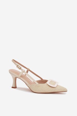 Women's Beige Heeled Shoes with Pointed Toe and Strap