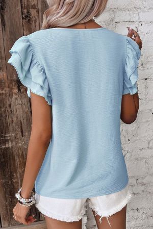 Women's Light Blue Blouse with Ruffle Sleeves