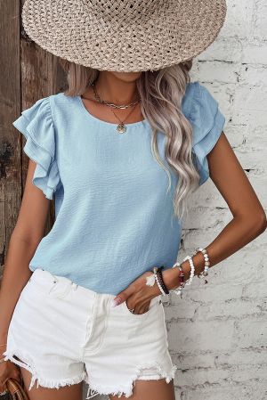 Women's Light Blue Blouse with Ruffle Sleeves