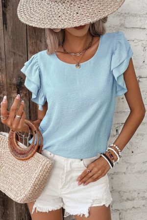 Women's Light Blue Blouse with Ruffle Sleeves