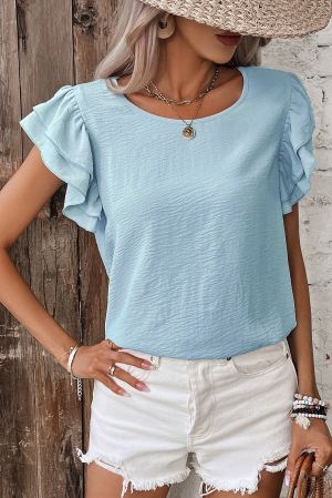 Women's Light Blue Blouse with Ruffle Sleeves