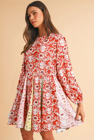 Women’s Red Floral Print Dress with Flowy Relaxed Fit