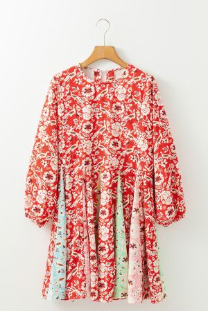Women’s Red Floral Print Dress with Flowy Relaxed Fit