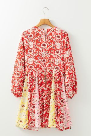 Women’s Red Floral Print Dress with Flowy Relaxed Fit