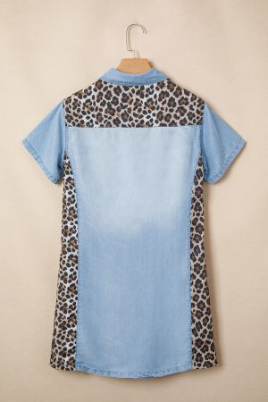 Women's Denim Dress with Leopard Print Panels