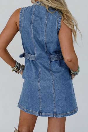 Women's Sleeveless Denim Dress with Buttons and Western Style
