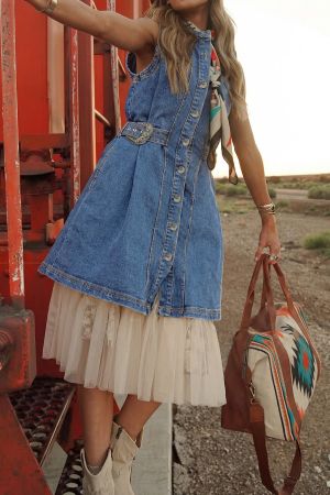 Women's Sleeveless Denim Dress with Buttons and Western Style